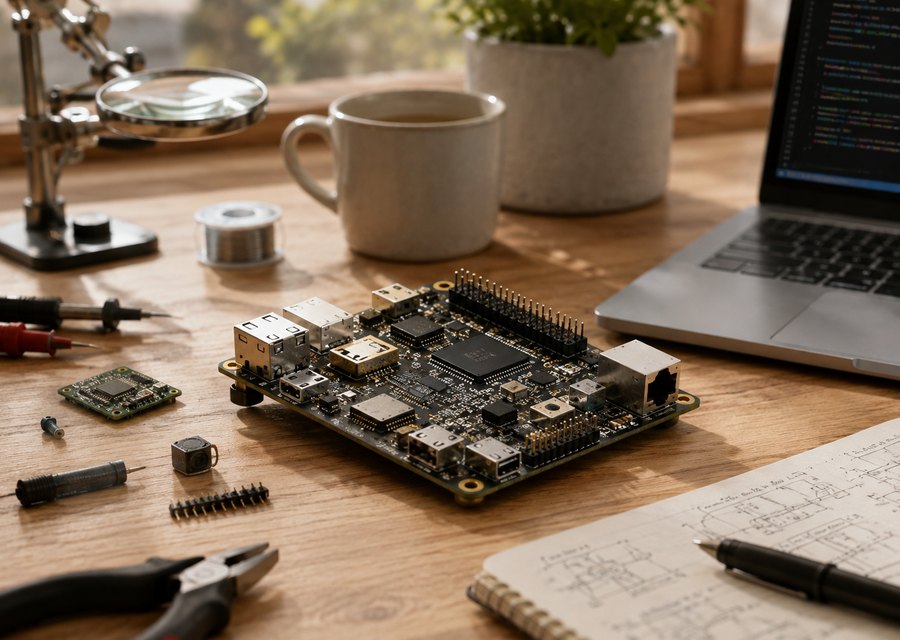 Electronics hardware on a warm workshop bench beside software work