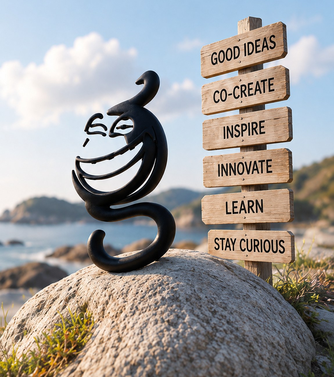 Giggling Bits mascot on the coast beside signs reading Good Ideas, Co-create, Inspire, Innovate, Learn and Stay Curious