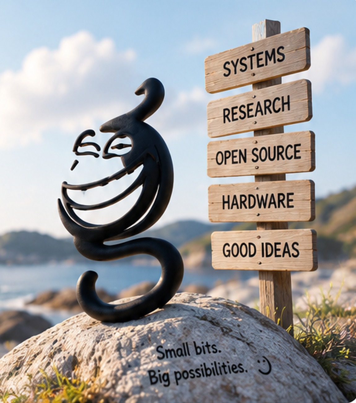 Giggling Bits mascot beside a wooden signpost on the coast
