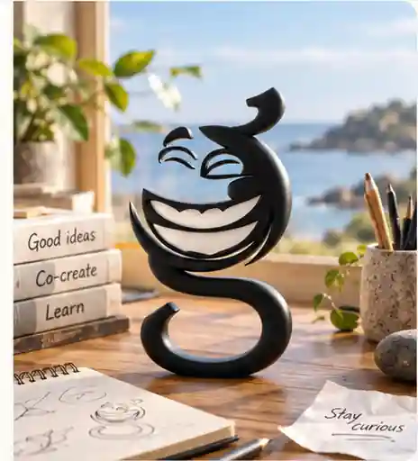 Giggling Bits mascot on a sunlit workshop desk with notebooks, pencils and notes reading Good ideas, Co-create, Learn and Stay curious