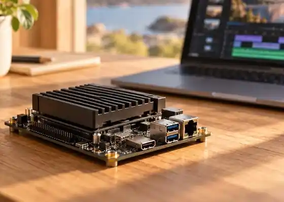 Compact compute accelerator board on a warm workshop bench with a laptop in the background