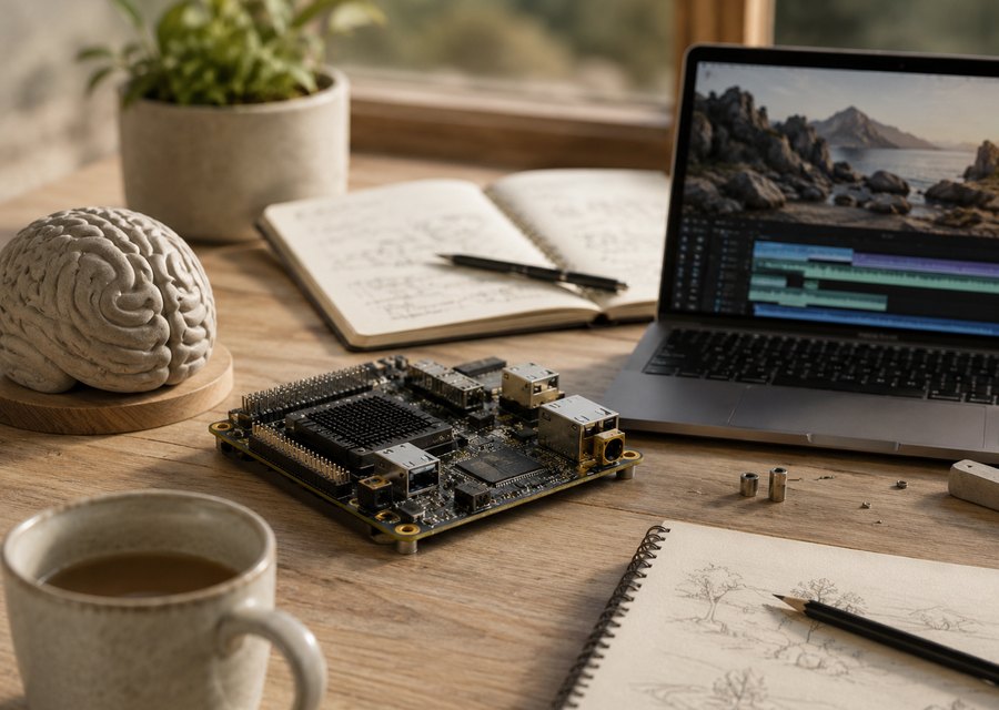 Compute hardware beside a sculpted brain and a laptop showing creative media production