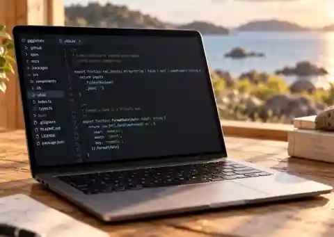 Laptop with source code in a warm coastal workshop