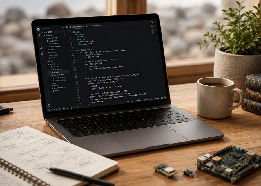 Laptop with source code in a bright workshop setting
