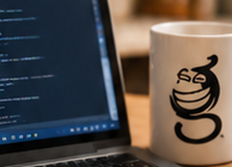 Laptop and Giggling Bits mug representing open-source work