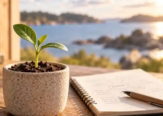 Young plant beside a notebook in a warm work-in-progress workspace