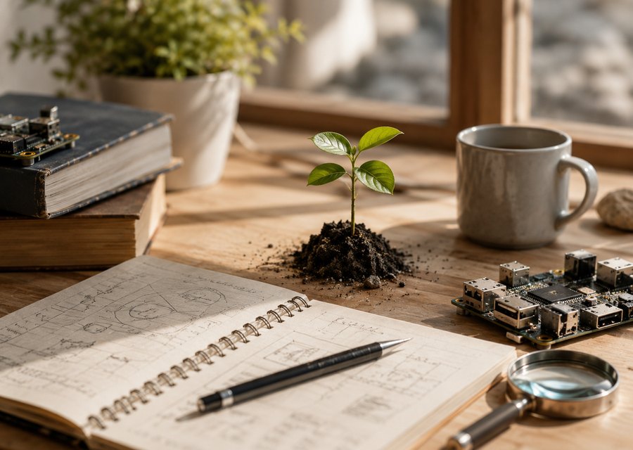 A young plant growing beside a notebook and technical workbench
