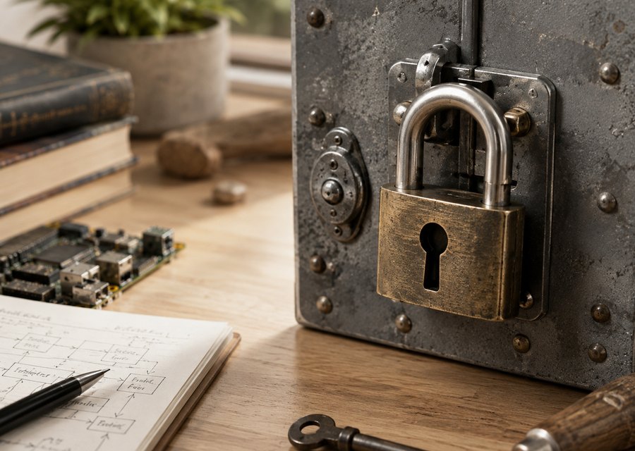 A robust padlock on a workshop surface