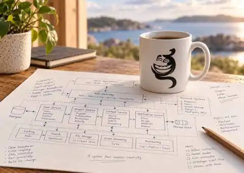 Giggling Bits mug beside a detailed work-in-progress software architecture diagram