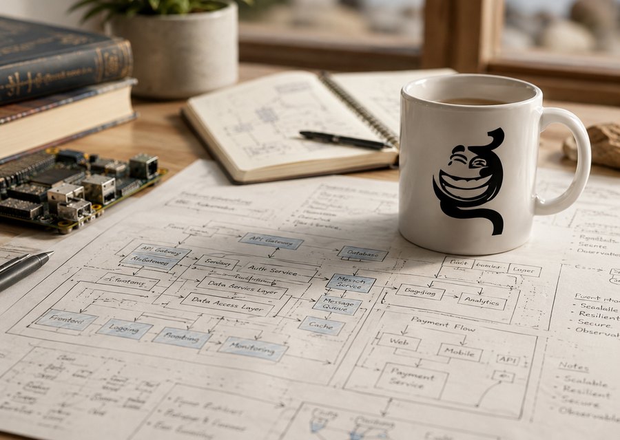 Giggling Bits mug standing on hand-drawn software architecture and class diagrams